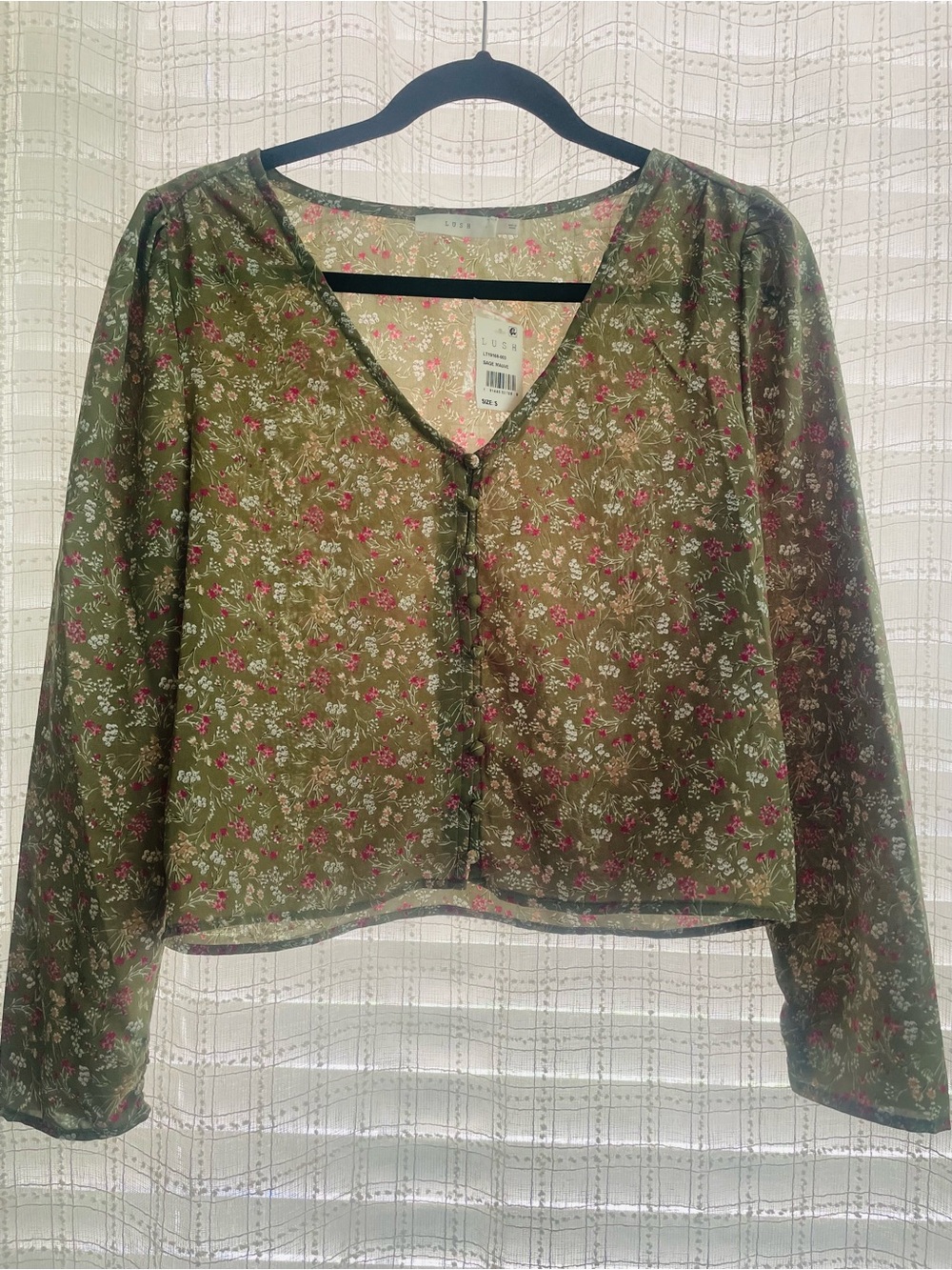 Lush Olive Sheer Floral Button-Front Top with Pink Accents